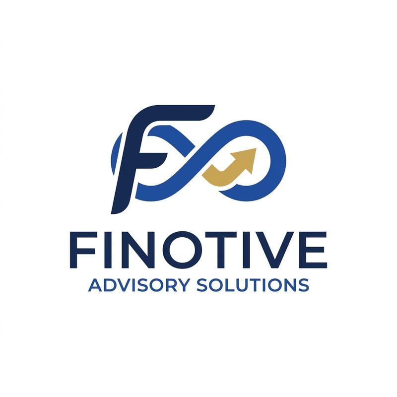 Premium logo for Finotive Advisory Solutions, stylized F merging into infinity symbol, subtle upward arrow hidden in the curve, clean sans serif typography below, flat navy and royal blue palette with gold accent, minimal financial branding, elegant vector logo, no 3D effects, no heavy gradients, white background, scalable and professional