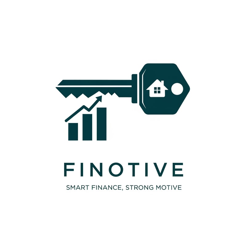 A clever negative space logo for "Finotive". The main shape is a professional "Key" (symbolizing solutions and access to loans). Inside the "teeth" of the key, there are three bars of a growth chart (symbolizing auditing and startup scaling). The handle of the key looks like a house silhouette (mortgages). Sophisticated and simple. Colors: Deep Teal and White. Text: "Finotive" in a strong modern font, tagline "Smart Finance, Strong Motive" below. Flat design, iconic.
