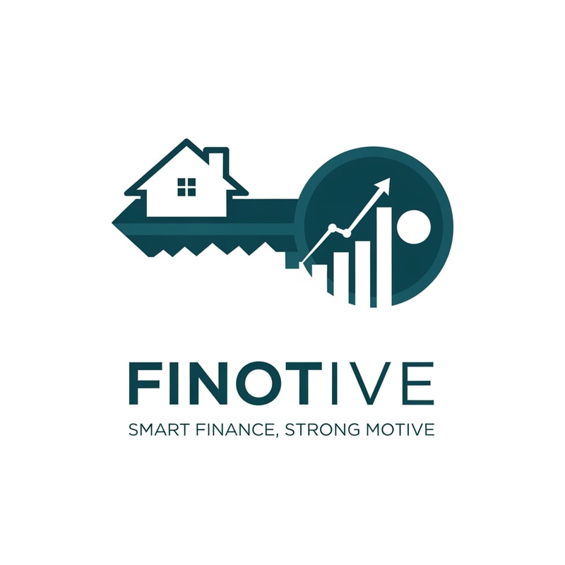 A clever negative space logo for "Finotive". The main shape is a professional "Key" (symbolizing solutions and access to loans). Inside the "teeth" of the key, there are three bars of a growth chart (symbolizing auditing and startup scaling). The handle of the key looks like a house silhouette (mortgages). Sophisticated and simple. Colors: Deep Teal and White. Text: "Finotive" in a strong modern font, tagline "Smart Finance, Strong Motive" below. Flat design, iconic.