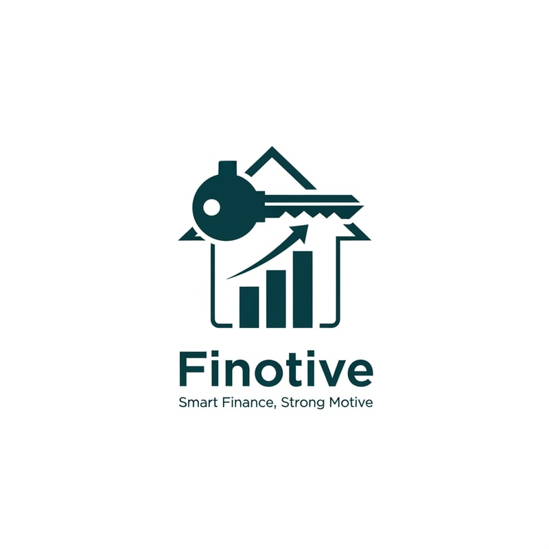 A clever negative space logo featuring a professional key icon where the handle is integrated into a minimalist house silhouette and the teeth are formed by three ascending bars of a growth chart — Centered and balanced vector composition with the text "Finotive" in a strong modern font and the tagline "Smart Finance, Strong Motive" positioned directly below, Sophisticated deep teal and white, Clean and professional corporate mood, Flat minimalist graphic design with iconic negative space elements, No 3D effects or gradients; keep the text "Finotive" and "Smart Finance, Strong Motive" EXACTLY unchanged; no rewriting, redrawing, correcting, or adding any text, Solid white background.