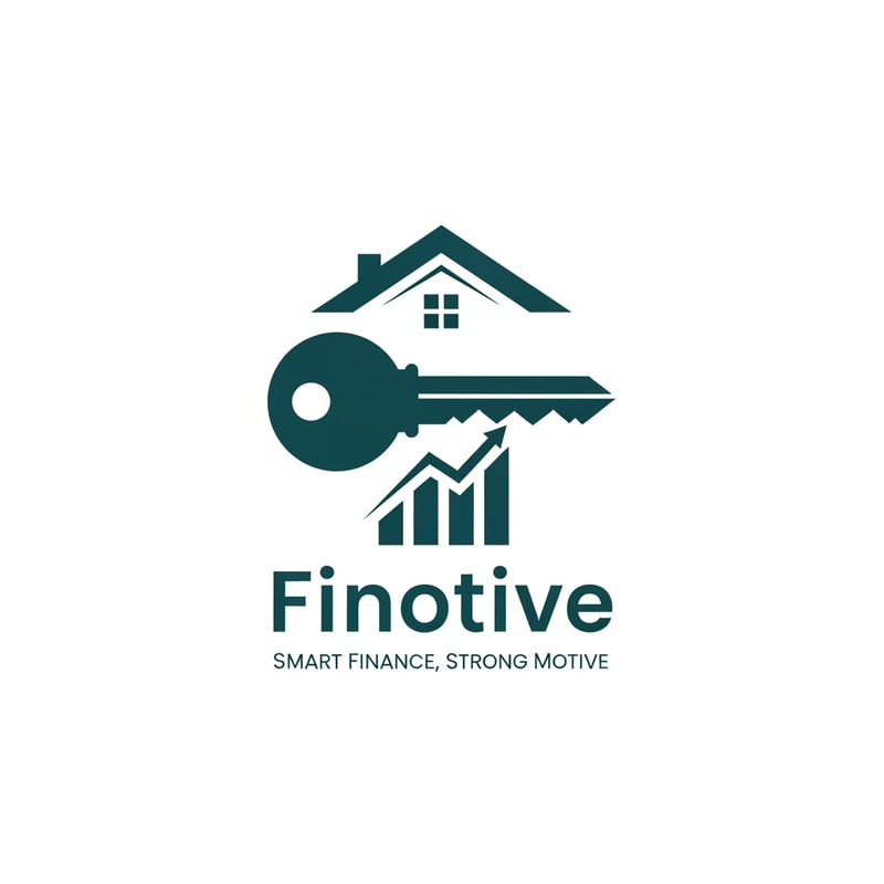 A clever negative space logo featuring a professional key icon where the handle is integrated into a minimalist house silhouette and the teeth are formed by three ascending bars of a growth chart — Centered and balanced vector composition with the text "Finotive" in a strong modern font and the tagline "Smart Finance, Strong Motive" positioned directly below, Sophisticated deep teal and white, Clean and professional corporate mood, Flat minimalist graphic design with iconic negative space elements, No 3D effects or gradients; keep the text "Finotive" and "Smart Finance, Strong Motive" EXACTLY unchanged; no rewriting, redrawing, correcting, or adding any text, Solid white background.