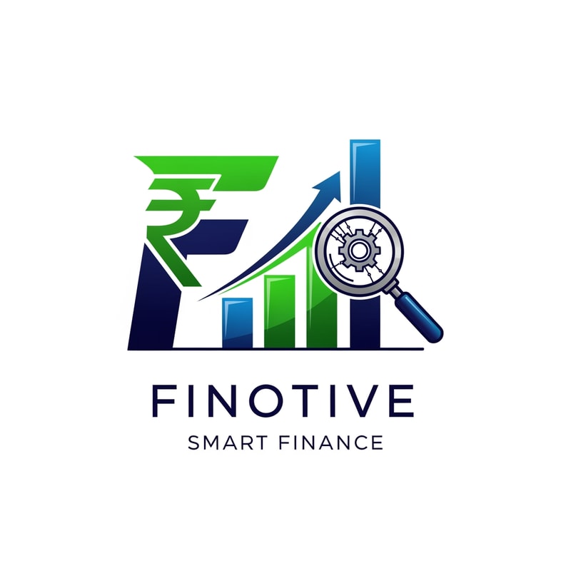 design a logo for Finotive - smart finance. strong Moptive where letter F, rupee symbol, rising bar graphs, upward arrow, magnifying glass and gear must be there