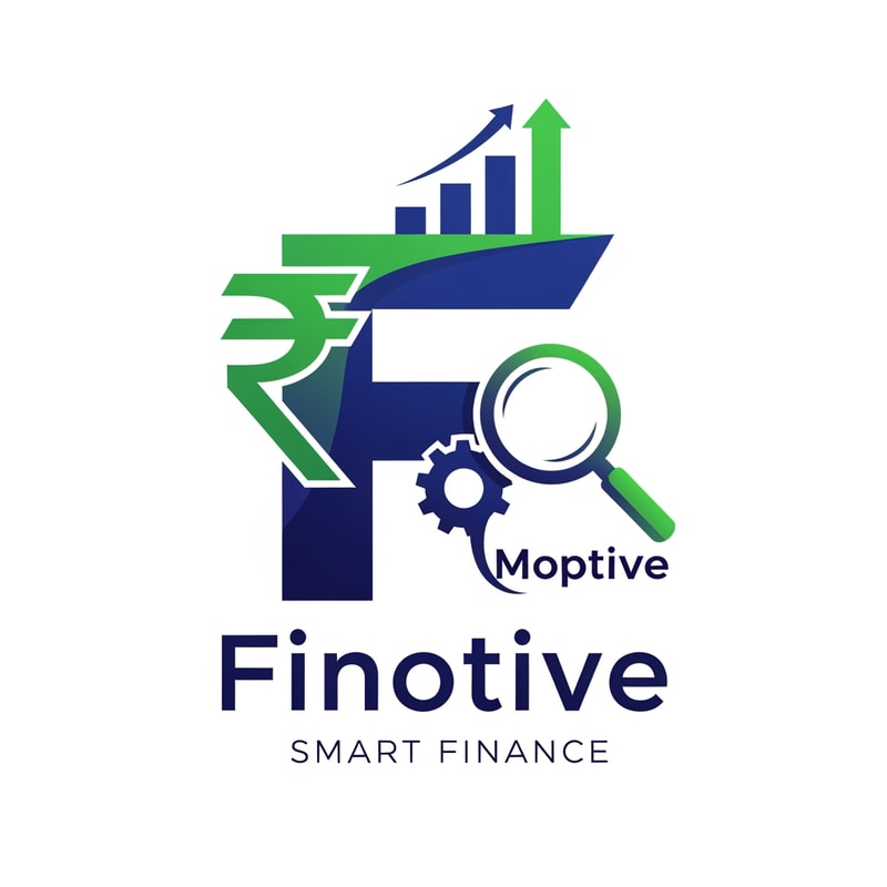 design a logo for Finotive - smart finance. strong Moptive where letter F, rupee symbol, rising bar graphs, upward arrow, magnifying glass and gear must be there