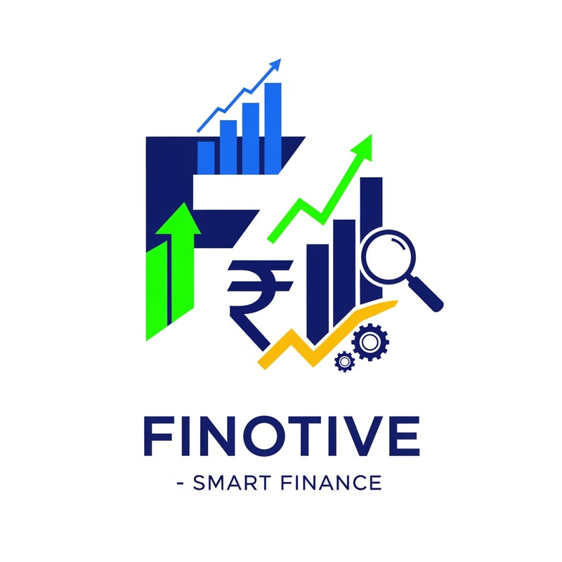 design a logo for Finotive - smart finance. strong Moptive where letter F, rupee symbol, rising bar graphs, upward arrow, magnifying glass and gear must be there
