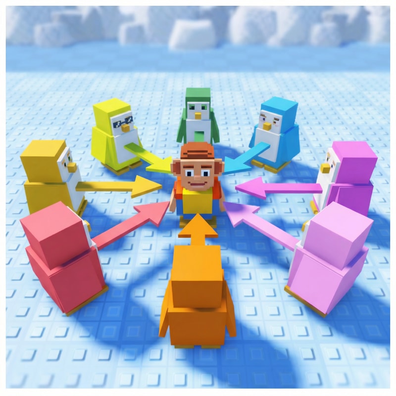 A detailed reproduction of the source image's primary subject matter, now featuring the designated character references replacing all original penguins exactly 1:1 — The composition and framing are retained exactly as depicted in the source material, The precise original color palette and tonal range are mandatory, The identical lighting conditions and overall mood from the source image are required, The style and medium must perfectly replicate the source image quality, Ensure all penguins are replaced by the provided characters 1:1; DO NOT change the environment, composition, color, or style whatsoever, The background setting and environment must be retained from the source image.