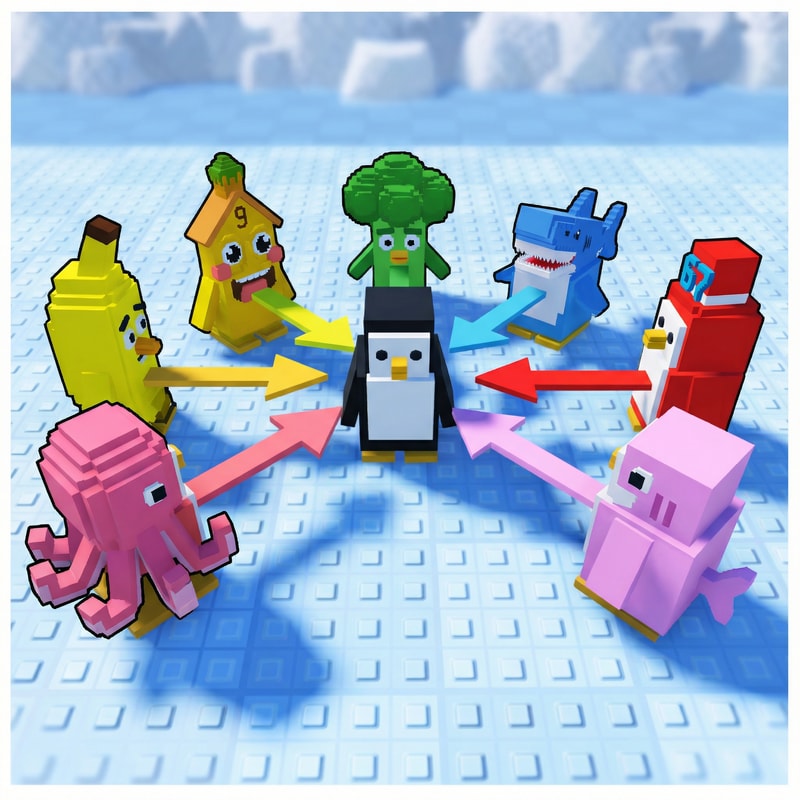 A detailed reproduction of the source image's primary subject matter, now featuring the designated character references replacing all original penguins exactly 1:1 — The composition and framing are retained exactly as depicted in the source material, The precise original color palette and tonal range are mandatory, The identical lighting conditions and overall mood from the source image are required, The style and medium must perfectly replicate the source image quality, Ensure all penguins are replaced by the provided characters 1:1; DO NOT change the environment, composition, color, or style whatsoever, The background setting and environment must be retained from the source image.