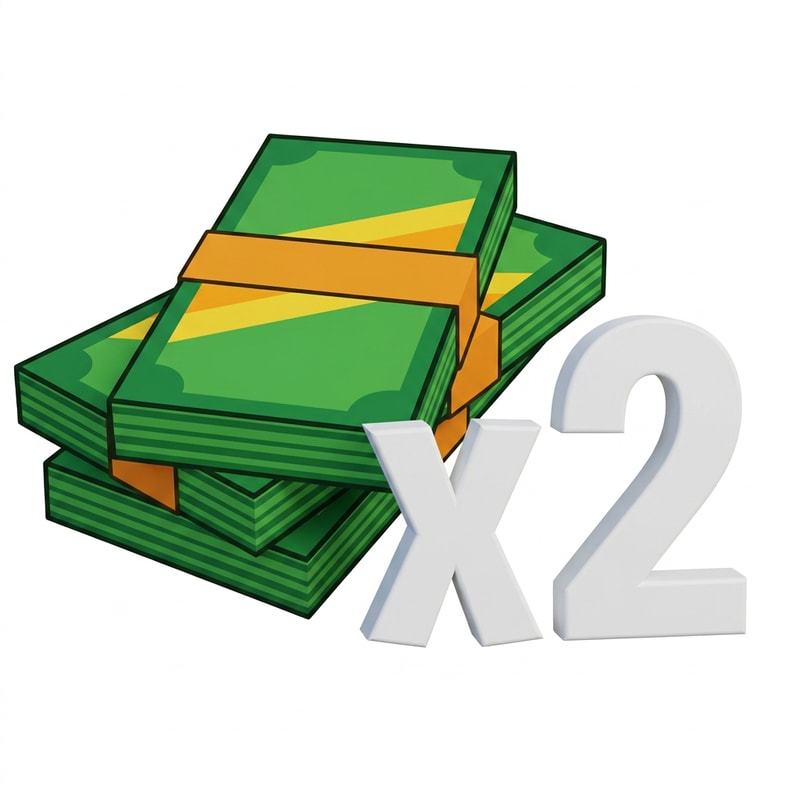 replace this cash bills texture with this one: keep the same exact structure and size of the cash pile just alter the bills appearances, additionally, change the "x2" to just white with no texture
