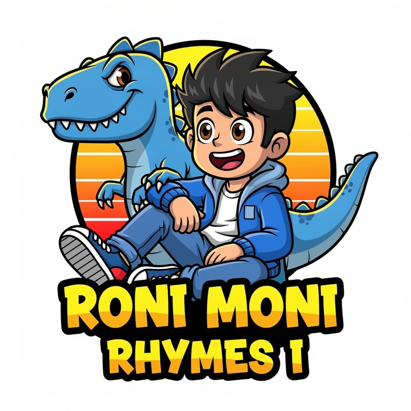 A cute cartoon-style logo illustration of a happy young boy with big A cute cartoon-style logo illustration of a happy young boy with big expressive brown eyes and messy black hair, smiling cheerfully. The boy is sitting in a relaxed pose, wearing a blue jacket, white t-shirt, blue jeans, and sneakers. Beside him is a friendly blue dinosaur with sharp teeth but a playful, non-scary expression. Both characters look fun and kid-friendly.

The background is a clean circular orange and yellow gradient badge. At the bottom, bold graffiti-style text reads “Roni Moni Rhymes I” in bright yellow and orange colors with a thick black outline.

Digital vector art, mascot logo design, vibrant colors, smooth shading, thick outlines, high quality, kid-friendly YouTube gaming channel logo, modern cartoon illustration, white background.