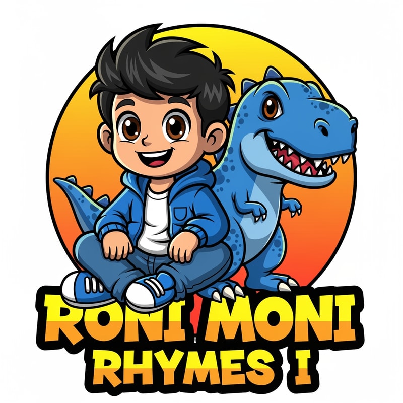 A cute cartoon-style logo illustration of a happy young boy with big A cute cartoon-style logo illustration of a happy young boy with big expressive brown eyes and messy black hair, smiling cheerfully. The boy is sitting in a relaxed pose, wearing a blue jacket, white t-shirt, blue jeans, and sneakers. Beside him is a friendly blue dinosaur with sharp teeth but a playful, non-scary expression. Both characters look fun and kid-friendly.

The background is a clean circular orange and yellow gradient badge. At the bottom, bold graffiti-style text reads “Roni Moni Rhymes I” in bright yellow and orange colors with a thick black outline.

Digital vector art, mascot logo design, vibrant colors, smooth shading, thick outlines, high quality, kid-friendly YouTube gaming channel logo, modern cartoon illustration, white background.