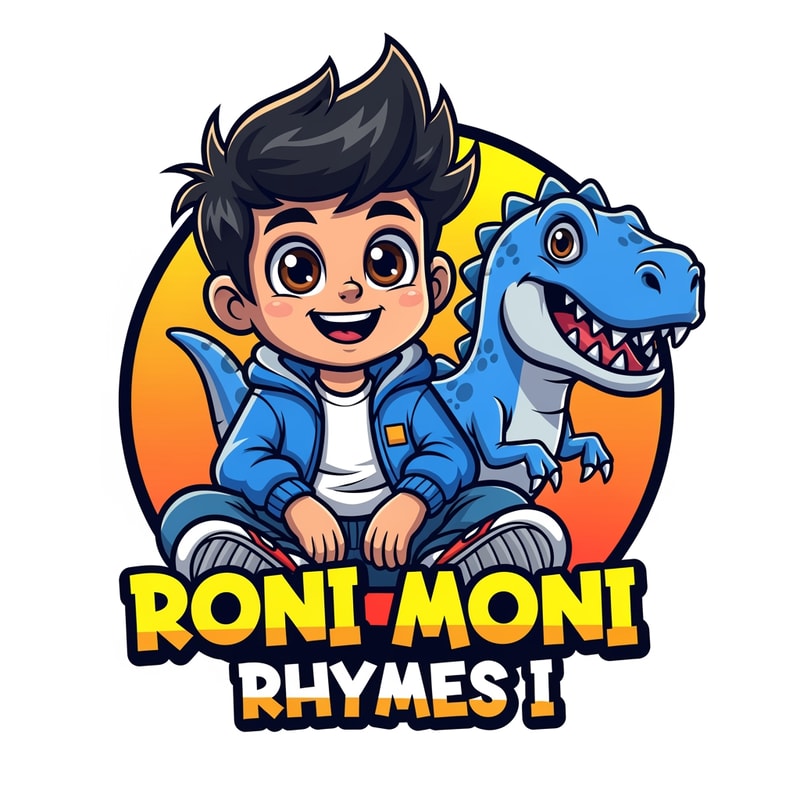A cute cartoon-style logo illustration of a happy young boy with big A cute cartoon-style logo illustration of a happy young boy with big expressive brown eyes and messy black hair, smiling cheerfully. The boy is sitting in a relaxed pose, wearing a blue jacket, white t-shirt, blue jeans, and sneakers. Beside him is a friendly blue dinosaur with sharp teeth but a playful, non-scary expression. Both characters look fun and kid-friendly.

The background is a clean circular orange and yellow gradient badge. At the bottom, bold graffiti-style text reads “Roni Moni Rhymes I” in bright yellow and orange colors with a thick black outline.

Digital vector art, mascot logo design, vibrant colors, smooth shading, thick outlines, high quality, kid-friendly YouTube gaming channel logo, modern cartoon illustration, white background.