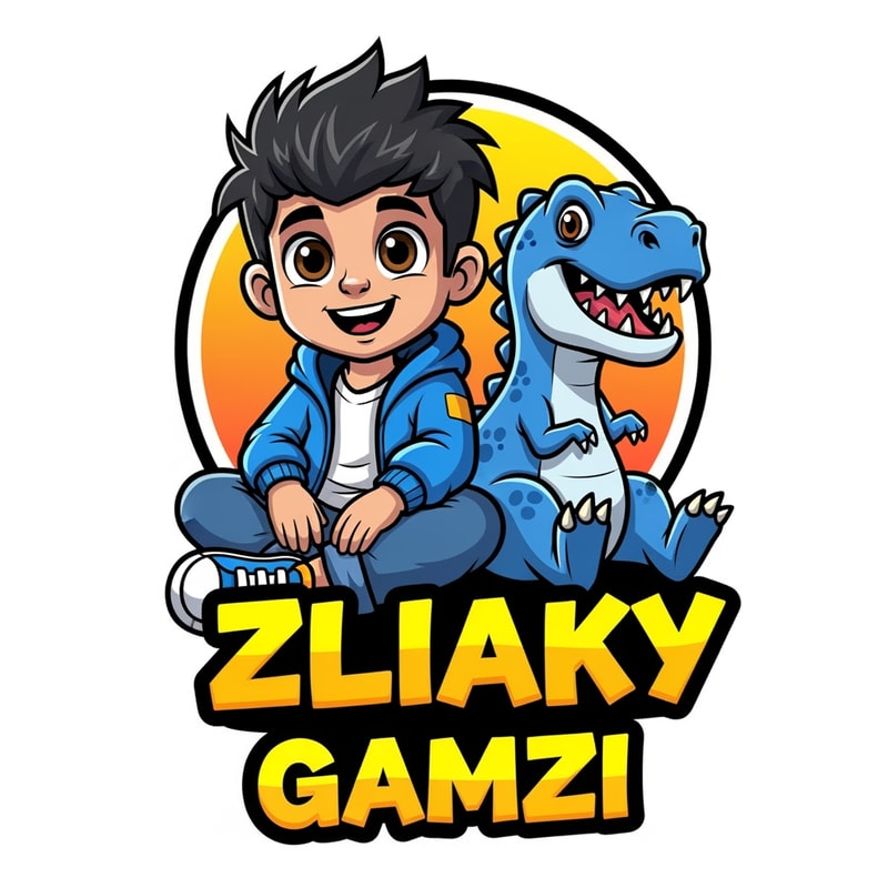 A cute cartoon-style logo illustration of a happy young boy with big expressive brown eyes and messy black hair, smiling cheerfully. The boy is sitting in a relaxed pose, wearing a blue jacket, white t-shirt, blue jeans, and sneakers. Beside him is a friendly blue dinosaur with sharp teeth but a playful, non-scary expression. Both characters look fun and kid-friendly.

The background is a clean circular orange and yellow gradient badge. At the bottom, bold graffiti-style text reads “ZLIAKY GAMZI” in bright yellow and orange colors with a thick black outline.

Digital vector art, mascot logo design, vibrant colors, smooth shading, thick outlines, high quality, kid-friendly YouTube gaming channel logo, modern cartoon illustration, white background.