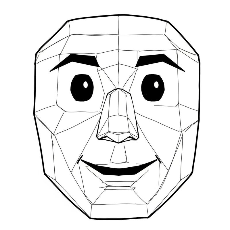 make a roblox face with only mouth and eyes with a low poly style make it look hand drawn with a white background make it a male no hair