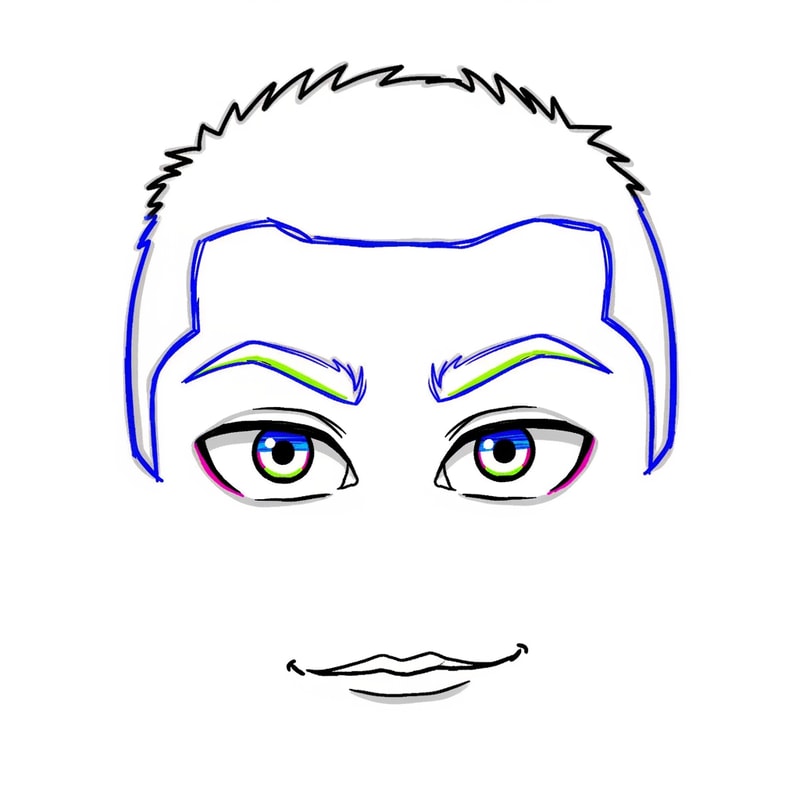 make a roblox face with only mouth and eyes with y2k aesthetic make it look hand drawn with a white background make it a male