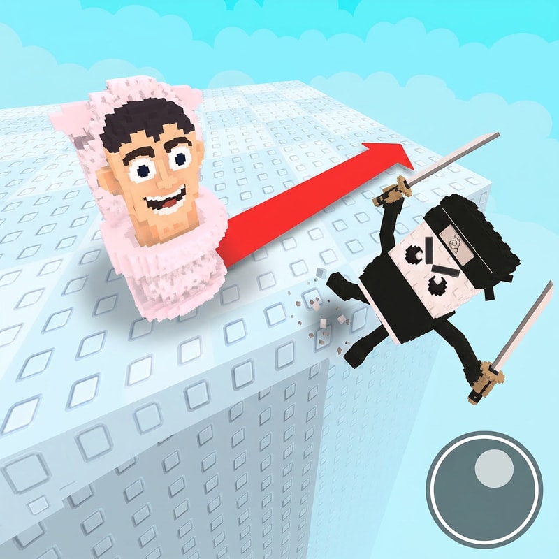 make the ninja guy look like hes falling off the platform instead of just floating off the platform also increase quality of the image DO NOT CHANGE ANYTHING ELSE do not change the direction of the arrow, the visuals of the arena, simply make the guy on the end look like hes falling off, also do not change the lighting whatsoever, its a simple change that should be introduced heres what the ninja guy looks like