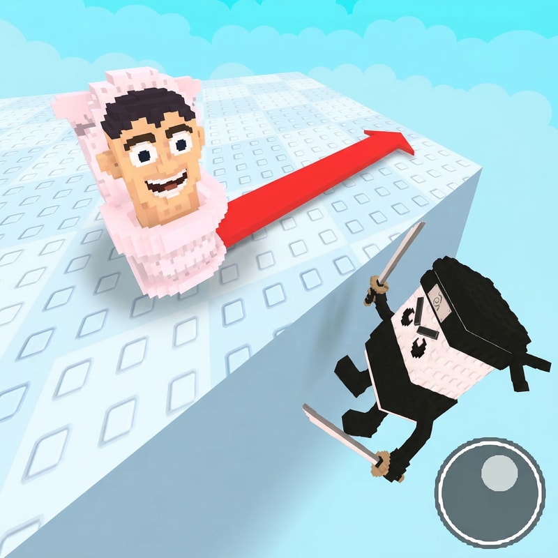 make the ninja guy look like hes falling off the platform instead of just floating off the platform also increase quality of the image DO NOT CHANGE ANYTHING ELSE do not change the direction of the arrow, the visuals of the arena, simply make the guy on the end look like hes falling off, also do not change the lighting whatsoever, its a simple change that should be introduced heres what the ninja guy looks like