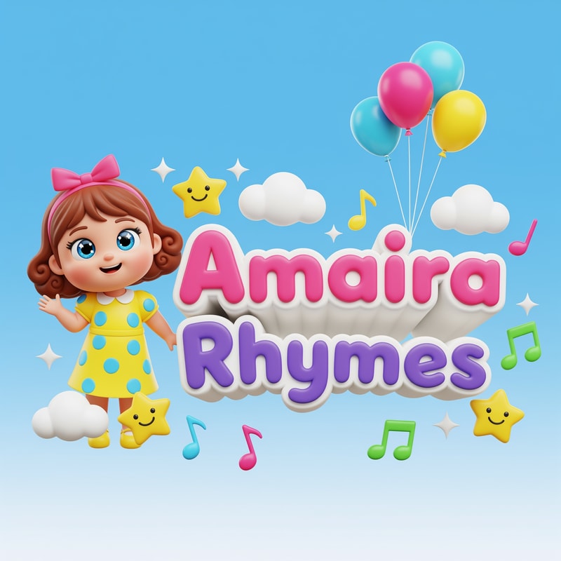 Create a cute, colorful 3D logo for a kids rhymes channel named “Amaira Rhymes”.
Add one cute little girl cartoon character with big shiny eyes, sweet smile, chubby cheeks, and playful expressions.
The girl should look happy, innocent and joyful, suitable for toddlers and preschool kids.
Use bright vibrant colors like pink, yellow, sky blue, purple and green.
The text “Amaira Rhymes” should be in soft, rounded, bubbly 3D font, very child-friendly.
Add fun elements like smileys, stars, music notes, balloons, clouds and sparkles around the logo.
Style should be Pixar / Disney inspired 3D cartoon, glossy finish, soft lighting, high quality kids brand logo.
Clean background, attractive and eye-catching for YouTube kids channel.