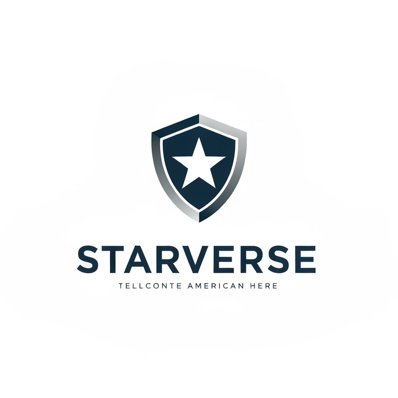 professional telecom logo for "Starverse", minimal star icon inside modern shield shape symbolizing reliable internet service, corporate american ISP branding, flat vector logo, dark blue and silver color palette