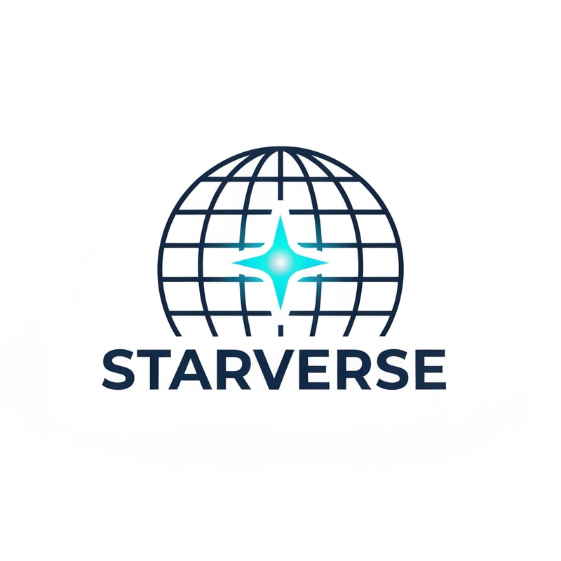 technology logo for "Starverse", minimal globe grid with a bright star node representing global internet connection, modern ISP corporate branding, flat vector logo, navy blue and cyan colors