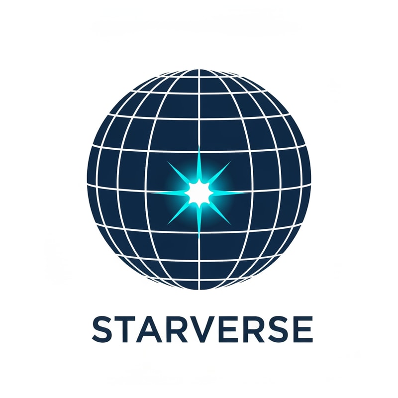 technology logo for "Starverse", minimal globe grid with a bright star node representing global internet connection, modern ISP corporate branding, flat vector logo, navy blue and cyan colors