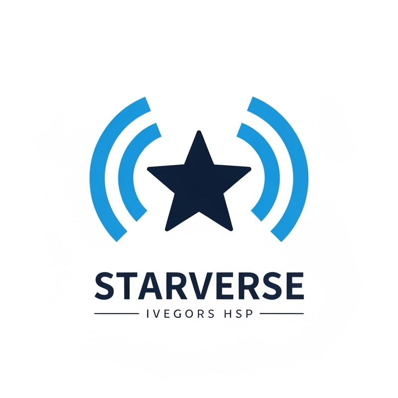 minimal star icon emitting broadcast signal beams, logo for Starverse internet provider, modern telecom branding similar to US ISP companies, flat vector design, corporate look, blue and dark navy color scheme