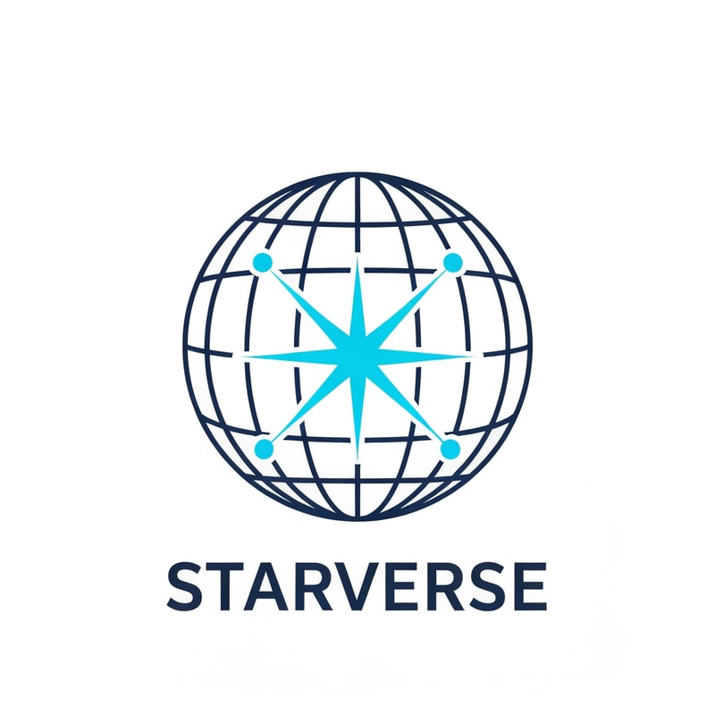 technology logo for "Starverse", minimal globe grid with a bright star node representing global internet connection, modern ISP corporate branding, flat vector logo, navy blue and cyan colors