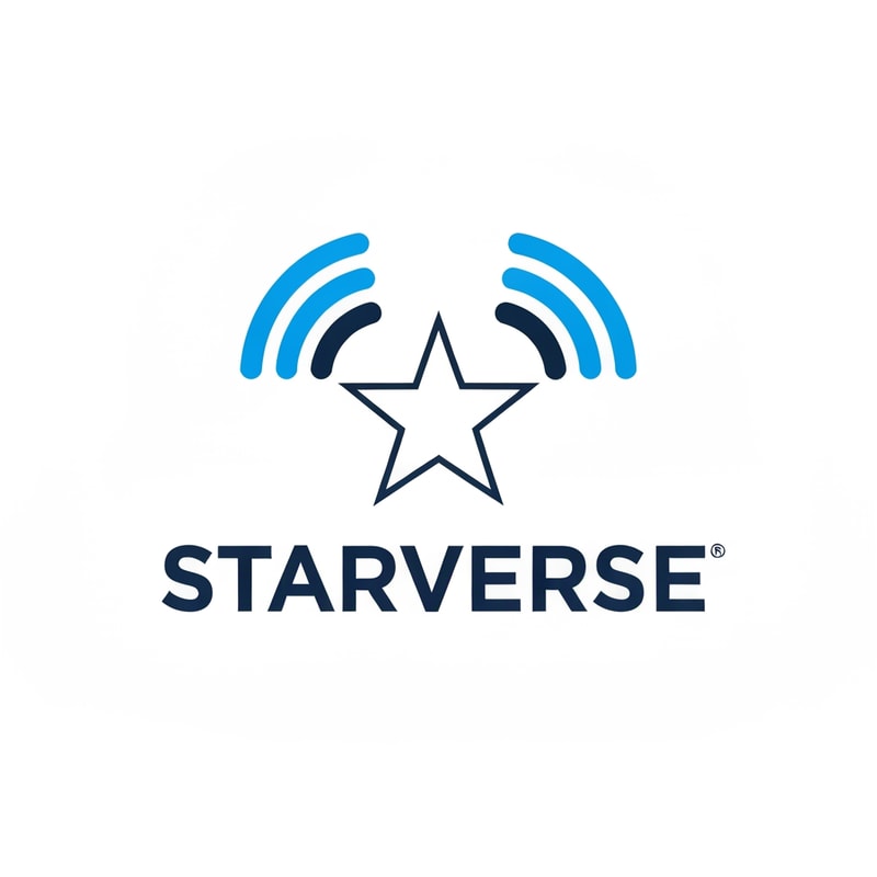 minimal star icon emitting broadcast signal beams, logo for Starverse internet provider, modern telecom branding similar to US ISP companies, flat vector design, corporate look, blue and dark navy color scheme