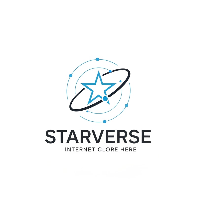 clean corporate logo for "Starverse", minimal star symbol with digital orbit ring and small connection dots, representing global internet coverage, modern ISP branding, flat vector logo, blue and white professional color scheme