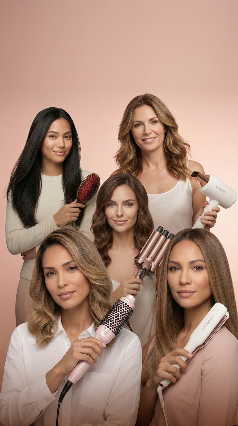 Use the uploaded product image as pixel-truth. Do not alter the product in any way (shape, colors, logos, labels, text, surface details). Do not redraw it.

A high-end studio beauty group portrait featuring the same five women and the same Bellezza tools from the uploaded reference banners, re-composed so they look like they were photographed together in one real shoot. Preserve each woman’s exact face, hairstyle, skin tone, outfit, and pose as closely as possible; preserve each tool exactly (no redesigns, no new models, no swapped colors, no extra logos). Place all five subjects in a natural grouped formation (staggered heights, slight overlaps, believable spacing), all facing camera with cohesive expressions. Use one shared continuous blush→peach gradient studio background (identical backdrop for everyone) and perfectly matched lighting across all subjects: same key direction, same shadow softness, consistent rim light and highlights on hair and tools, unified white balance and contrast. Match scale so heads align realistically (no giant/small mismatches), keep edges clean (no cutout halos), maintain realistic hands/fingers and tool grips. Composition: premium campaign banner, 16:9 horizontal, centered group with clean negative space at top for navigation. Photo style: editorial beauty photography, 85mm, f/4, ISO 100, 1/160, large softbox key + subtle fill + gentle rim, clean skin retouch (natural texture), crisp hair detail. Avoid: grid/rows/tiles, duplicated people, extra tools, background props, text, warped anatomy, changing anyone’s identity.