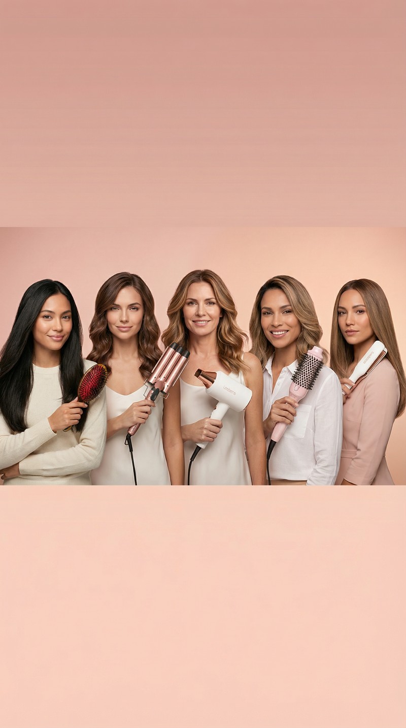Use the uploaded product image as pixel-truth. Do not alter the product in any way (shape, colors, logos, labels, text, surface details). Do not redraw it.

A high-end studio beauty group portrait featuring the same five women and the same Bellezza tools from the uploaded reference banners, re-composed so they look like they were photographed together in one real shoot. Preserve each woman’s exact face, hairstyle, skin tone, outfit, and pose as closely as possible; preserve each tool exactly (no redesigns, no new models, no swapped colors, no extra logos). Place all five subjects in a natural grouped formation (staggered heights, slight overlaps, believable spacing), all facing camera with cohesive expressions. Use one shared continuous blush→peach gradient studio background (identical backdrop for everyone) and perfectly matched lighting across all subjects: same key direction, same shadow softness, consistent rim light and highlights on hair and tools, unified white balance and contrast. Match scale so heads align realistically (no giant/small mismatches), keep edges clean (no cutout halos), maintain realistic hands/fingers and tool grips. Composition: premium campaign banner, 16:9 horizontal, centered group with clean negative space at top for navigation. Photo style: editorial beauty photography, 85mm, f/4, ISO 100, 1/160, large softbox key + subtle fill + gentle rim, clean skin retouch (natural texture), crisp hair detail. Avoid: grid/rows/tiles, duplicated people, extra tools, background props, text, warped anatomy, changing anyone’s identity.