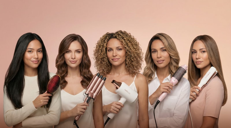 Use the uploaded product image as pixel-truth. Do not alter the product in any way (shape, colors, logos, labels, text, surface details). Do not redraw it.

A high-end studio beauty group portrait featuring the same five women and the same Bellezza tools from the uploaded reference banners, re-composed so they look like they were photographed together in one real shoot. Preserve each woman’s exact face, hairstyle, skin tone, outfit, and pose as closely as possible; preserve each tool exactly (no redesigns, no new models, no swapped colors, no extra logos). Place all five subjects in a natural grouped formation (staggered heights, slight overlaps, believable spacing), all facing camera with cohesive expressions. Use one shared continuous blush→peach gradient studio background (identical backdrop for everyone) and perfectly matched lighting across all subjects: same key direction, same shadow softness, consistent rim light and highlights on hair and tools, unified white balance and contrast. Match scale so heads align realistically (no giant/small mismatches), keep edges clean (no cutout halos), maintain realistic hands/fingers and tool grips. Composition: premium campaign banner, 16:9 horizontal, centered group with clean negative space at top for navigation. Photo style: editorial beauty photography, 85mm, f/4, ISO 100, 1/160, large softbox key + subtle fill + gentle rim, clean skin retouch (natural texture), crisp hair detail. Avoid: grid/rows/tiles, duplicated people, extra tools, background props, text, warped anatomy, changing anyone’s identity.