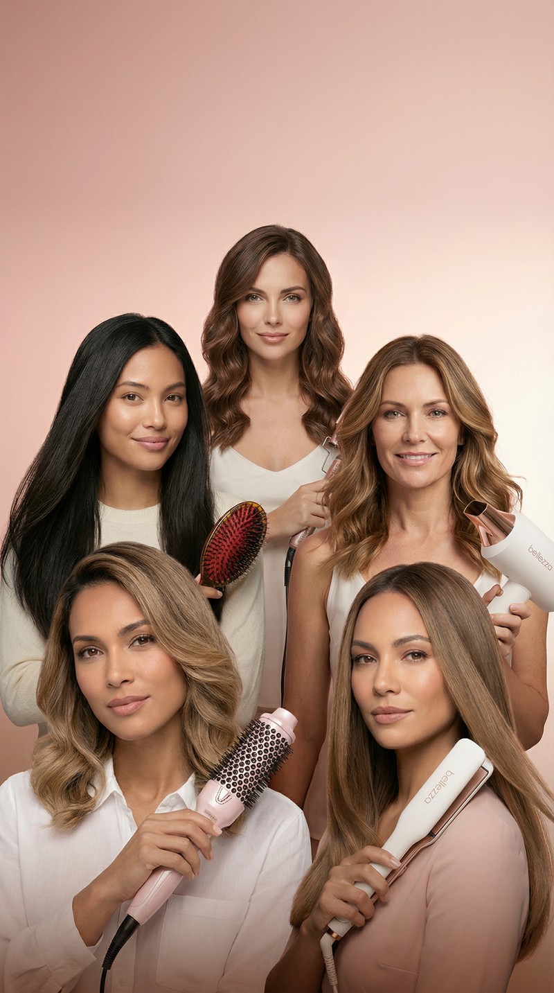 Use the uploaded product image as pixel-truth. Do not alter the product in any way (shape, colors, logos, labels, text, surface details). Do not redraw it.

A high-end studio beauty group portrait featuring the same five women and the same Bellezza tools from the uploaded reference banners, re-composed so they look like they were photographed together in one real shoot. Preserve each woman’s exact face, hairstyle, skin tone, outfit, and pose as closely as possible; preserve each tool exactly (no redesigns, no new models, no swapped colors, no extra logos). Place all five subjects in a natural grouped formation (staggered heights, slight overlaps, believable spacing), all facing camera with cohesive expressions. Use one shared continuous blush→peach gradient studio background (identical backdrop for everyone) and perfectly matched lighting across all subjects: same key direction, same shadow softness, consistent rim light and highlights on hair and tools, unified white balance and contrast. Match scale so heads align realistically (no giant/small mismatches), keep edges clean (no cutout halos), maintain realistic hands/fingers and tool grips. Composition: premium campaign banner, 16:9 horizontal, centered group with clean negative space at top for navigation. Photo style: editorial beauty photography, 85mm, f/4, ISO 100, 1/160, large softbox key + subtle fill + gentle rim, clean skin retouch (natural texture), crisp hair detail. Avoid: grid/rows/tiles, duplicated people, extra tools, background props, text, warped anatomy, changing anyone’s identity.