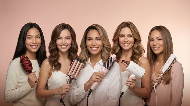 Use the uploaded product image as pixel-truth. Do not alter the product in any way (shape, colors, logos, labels, text, surface details). Do not redraw it.

A high-end studio beauty group portrait featuring the same five women and the same Bellezza tools from the uploaded reference banners, re-composed so they look like they were photographed together in one real shoot. Preserve each woman’s exact face, hairstyle, skin tone, outfit, and pose as closely as possible; preserve each tool exactly (no redesigns, no new models, no swapped colors, no extra logos). Place all five subjects in a natural grouped formation (staggered heights, slight overlaps, believable spacing), all facing camera with cohesive expressions. Use one shared continuous blush→peach gradient studio background (identical backdrop for everyone) and perfectly matched lighting across all subjects: same key direction, same shadow softness, consistent rim light and highlights on hair and tools, unified white balance and contrast. Match scale so heads align realistically (no giant/small mismatches), keep edges clean (no cutout halos), maintain realistic hands/fingers and tool grips. Composition: premium campaign banner, 16:9 horizontal, centered group with clean negative space at top for navigation. Photo style: editorial beauty photography, 85mm, f/4, ISO 100, 1/160, large softbox key + subtle fill + gentle rim, clean skin retouch (natural texture), crisp hair detail. Avoid: grid/rows/tiles, duplicated people, extra tools, background props, text, warped anatomy, changing anyone’s identity.