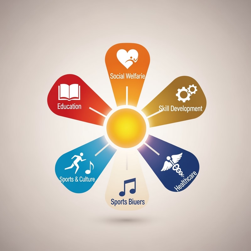 A central golden sun

5 clean rays or segments, each symbolizing:

Education

Social Welfare

Skill Development

Sports & Culture

Healthcare

Rays are equal in size → justice & equality

Circular balance → welfare state
