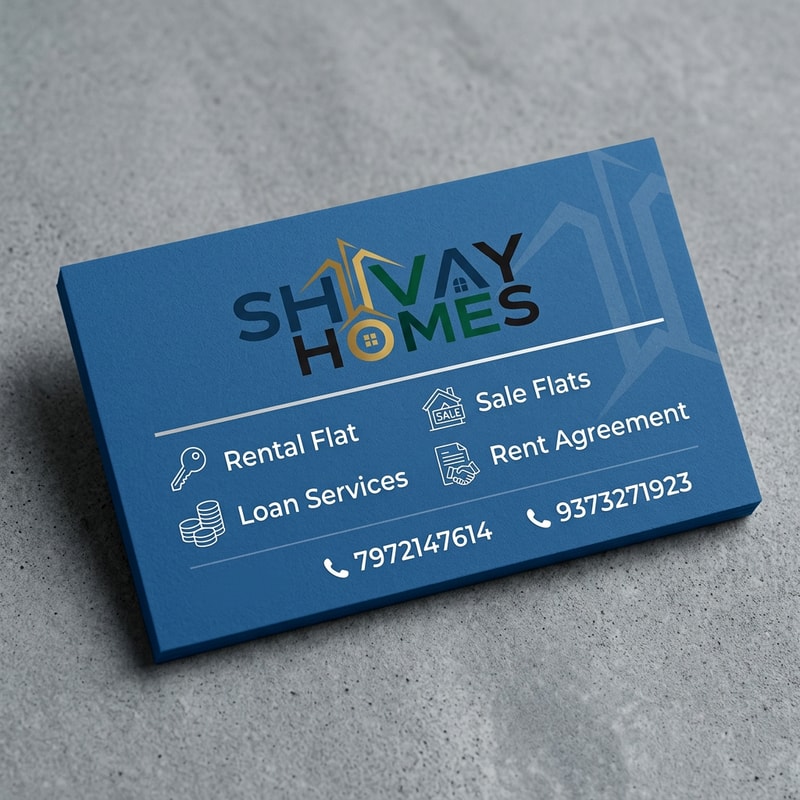 Design a clean and professional business card for a real estate company named SHIVAY HOMES. The card should include the following services: Rental Flat | Sale Flats | Loan Services | Rent Agreement. Use a modern layout with clear typography and subtle real estate-themed elements (like buildings or home icons). Include contact numbers: 7972147614 and 9373271923. Choose a color scheme that conveys trust and professionalism, such as blue, white, and grey. Keep the design minimal, elegant, and easy to read. use above attached shivay  homes logo  without  white background