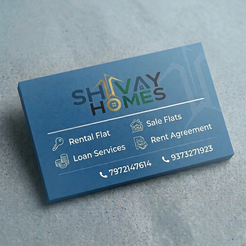 make the above image straight and visible card in  little light blur  shade Design a clean and professional business card for a real estate company named SHIVAY HOMES. The card should include the following services: Rental Flat | Sale Flats | Loan Services | Rent Agreement. Use a modern layout with clear typography and subtle real estate-themed elements (like buildings or home icons). Include contact numbers: 7972147614 and 9373271923. Choose a color scheme that conveys trust and professionalism, such as blue, white, and grey. Keep the design minimal, elegant, and easy to read. use above attached shivay  homes logo  without back ground  use the above attached image  colour shade