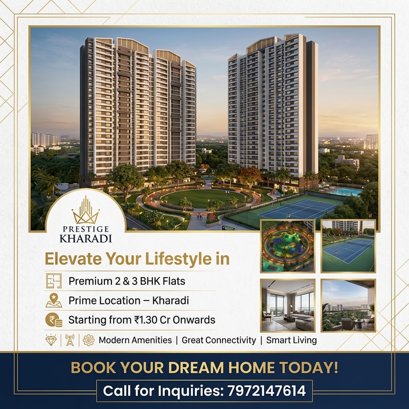 Design a modern, eye-catching real estate flyer for premium residential apartments. Use a clean and luxurious layout with a warm, inviting color palette (gold, white, and deep blue tones). Include a high-quality image of contemporary apartment buildings with greenery and urban surroundings. Add bold, attractive headline text: “Live Your Dream in Kharadi” Include short, catchy content lines: “Premium 2 & 3 BHK Flats” “Prime Location – Kharadi” “Starting from ₹1.30 Cr Onwards” “Modern Amenities | Great Connectivity | Smart Living” Add a strong call-to-action: “Book Your Dream Home Today!” create a image using this prompt edit it to change light  colour and image design
make some mode design add contact number 7972147614
and change tag line