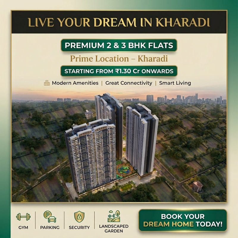Design a modern, eye-catching real estate flyer for a premium residential project inspired by VTP Altamira, Kharadi, Pune. Use a sophisticated color palette of emerald green, matte black, soft beige, and subtle gold accents to create a luxurious and upscale feel.

IMPORTANT: Use a building image that closely resembles the actual VTP Altamira project — contemporary high-rise towers with sleek glass façades, modern balconies, and signature architectural style. Ensure the structure looks realistic, premium, and similar to upscale developments in Kharadi.

Include landscaped gardens, open spaces, and a well-planned township environment. Show the buildings during golden hour or twilight with warm lighting and a subtle city skyline in the background.

Use a clean, premium layout with soft shadows, smooth gradients, and elegant, high-end typography. Maintain proper spacing for a professional brochure-like appearance.

Add bold headline:
“Live Your Dream in Kharadi”

Add content lines:
“Premium 2 & 3 BHK Flats” (Bold ,highlighted )
“Prime Location – Kharadi”
“Starting from ₹1.30 Cr Onwards” (Bold ,highlighted )
“Modern Amenities | Great Connectivity | Smart Living”

Add a strong call-to-action in a highlighted button style:
“Book Your Dream Home Today!”

Include minimal, modern icons representing gym, parking, security, and landscaped garden.

Make the flyer look like a luxury real estate advertisement suitable for Instagram, WhatsApp marketing, and print.

kindly use attached image in back ground   use so color shared in blue