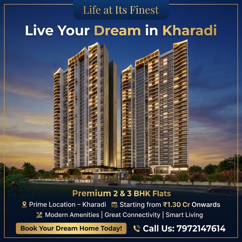 Design a modern, eye-catching real estate flyer for premium residential apartments. Use a clean and luxurious layout with a warm, inviting color palette (gold, white, and deep blue tones). Include a high-quality image of contemporary apartment buildings with greenery and urban surroundings. Add bold, attractive headline text: “Live Your Dream in Kharadi” Include short, catchy content lines: “Premium 2 & 3 BHK Flats” “Prime Location – Kharadi” “Starting from ₹1.30 Cr Onwards” “Modern Amenities | Great Connectivity | Smart Living” Add a strong call-to-action: “Book Your Dream Home Today!” create a image using this prompt edit it to change light  colour and image design
make some mode design add contact number 7972147614
and add tag line "Life at Its Finest"