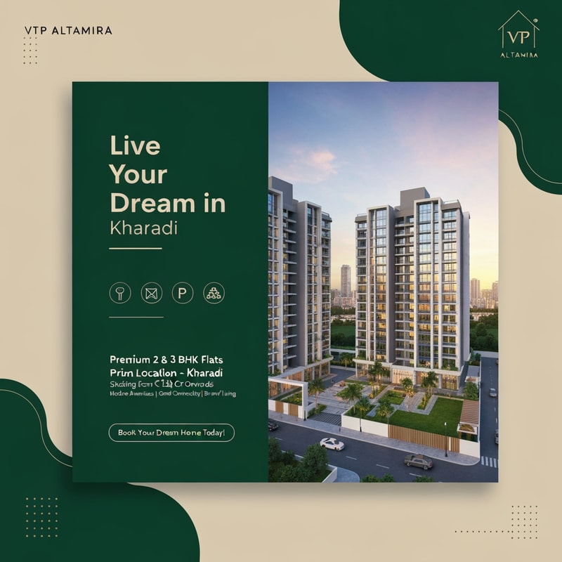 Design a modern, eye-catching real estate flyer for a premium residential project inspired by VTP Altamira, Kharadi, Pune. Use a sophisticated color palette of emerald green, matte black, soft beige, and subtle gold accents to create a luxurious and upscale feel.

IMPORTANT: Use a building image that closely resembles the actual VTP Altamira project — contemporary high-rise towers with sleek glass façades, modern balconies, and signature architectural style. Ensure the structure looks realistic, premium, and similar to upscale developments in Kharadi.

Include landscaped gardens, open spaces, and a well-planned township environment. Show the buildings during golden hour or twilight with warm lighting and a subtle city skyline in the background.

Use a clean, premium layout with soft shadows, smooth gradients, and elegant, high-end typography. Maintain proper spacing for a professional brochure-like appearance.

Add bold headline:
“Live Your Dream in Kharadi”

Add content lines:
“Premium 2 & 3 BHK Flats”
“Prime Location – Kharadi”
“Starting from ₹1.30 Cr Onwards”
“Modern Amenities | Great Connectivity | Smart Living”

Add a strong call-to-action in a highlighted button style:
“Book Your Dream Home Today!”

Include minimal, modern icons representing gym, parking, security, and landscaped garden.

Make the flyer look like a luxury real estate advertisement suitable for Instagram, WhatsApp marketing, and print.