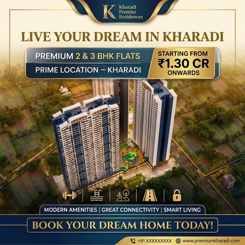 Design a modern, eye-catching real estate flyer for premium residential apartments. Use a clean and luxurious layout with a warm, inviting color palette (gold, white, and deep blue tones). Include a high-quality image of contemporary apartment buildings with greenery and urban surroundings. Add bold, attractive headline text: “Live Your Dream in Kharadi” Include short, catchy content lines: “Premium 2 & 3 BHK Flats” “Prime Location – Kharadi” “Starting from ₹1.30 Cr Onwards” “Modern Amenities | Great Connectivity | Smart Living” Add a strong call-to-action: “Book Your Dream Home Today!” create aimage using this prompt edit it to change colour and image design