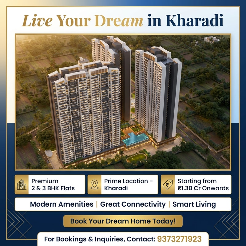 Design a modern, eye-catching real estate flyer for premium residential apartments. Use a clean and luxurious layout with a warm, inviting color palette (gold, white, and deep blue tones). Include a high-quality image of contemporary apartment buildings with greenery and urban surroundings. Add bold, attractive headline text: “Live Your Dream in Kharadi” Include short, catchy content lines: “Premium 2 & 3 BHK Flats” “Prime Location – Kharadi” “Starting from ₹1.30 Cr Onwards” “Modern Amenities | Great Connectivity | Smart Living” Add a strong call-to-action: “Book Your Dream Home Today!” create a image using this prompt edit it to change light  colour and image design
make some mode design add contact number 9373271923
