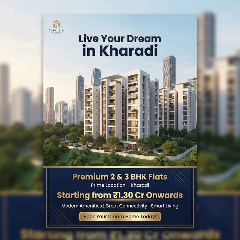 A modern, luxurious real estate flyer image design for premium apartments in Kharadi. Use an elegant color palette of gold, white, and deep blue. Include a high-quality image of contemporary apartment buildings with lush greenery and an urban skyline. Clean, minimal, and premium layout with soft lighting and stylish typography. show tall buildings in image
Text on flyer:
“Live Your Dream in Kharadi” (bold, large headline)
“Premium 2 & 3 BHK Flats ” (bold, large headline)
“Prime Location – Kharadi”
“Starting from ₹1.30 Cr Onwards” (bold, large headline)
“Modern Amenities | Great Connectivity | Smart Living”
“Book Your Dream Home Today!” (strong call-to-action)