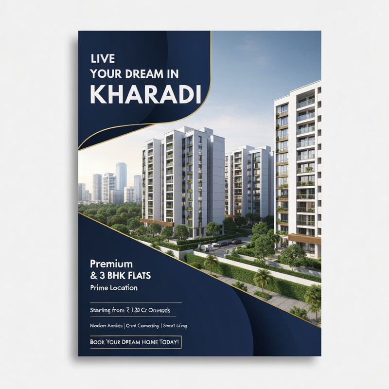 A modern, luxurious real estate flyer design for premium apartments in Kharadi. Use an elegant color palette of gold, white, and deep blue. Include a high-quality image of contemporary apartment buildings with lush greenery and an urban skyline. Clean, minimal, and premium layout with soft lighting and stylish typography.

Text on flyer:

“Live Your Dream in Kharadi” (bold, large headline)

“Premium 2 & 3 BHK Flats”

“Prime Location – Kharadi”

“Starting from ₹1.30 Cr Onwards”

“Modern Amenities | Great Connectivity | Smart Living”

“Book Your Dream Home Today!” (strong call-to-action)