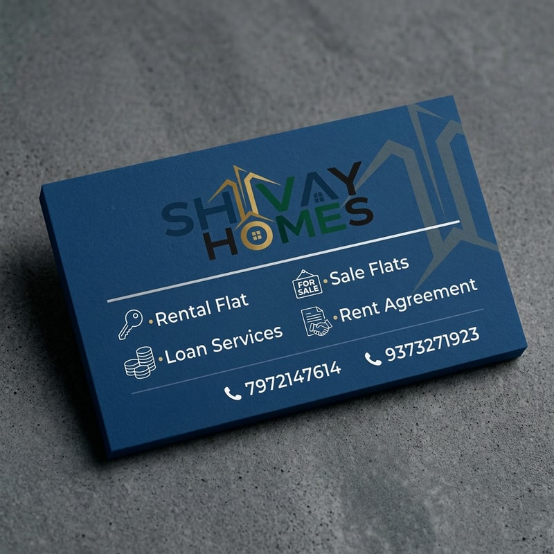 Design a clean and professional business card for a real estate company named SHIVAY HOMES. The card should include the following services: Rental Flat | Sale Flats | Loan Services | Rent Agreement. Use a modern layout with clear typography and subtle real estate-themed elements (like buildings or home icons). Include contact numbers: 7972147614 and 9373271923. Choose a color scheme that conveys trust and professionalism, such as blue, white, and grey. Keep the design minimal, elegant, and easy to read. use above attached shivay  homes logo  without back ground 
make a bussiness card use same 2nd image