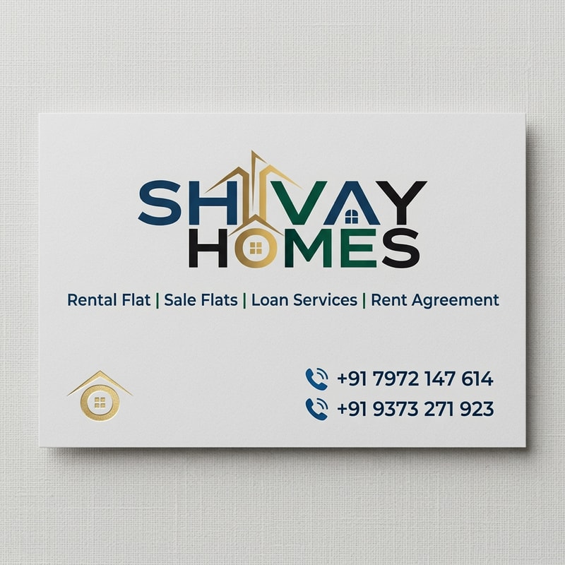 Design a clean and professional business card for a real estate company named SHIVAY HOMES. The card should include the following services: Rental Flat | Sale Flats | Loan Services | Rent Agreement. Use a modern layout with clear typography and subtle real estate-themed elements (like buildings or home icons). Include contact numbers: 7972147614 and 9373271923. Choose a color scheme that conveys trust and professionalism, such as blue, white, and grey. Keep the design minimal, elegant, and easy to read. use above attached shivay  homes logo  without back ground 
make a bussiness card