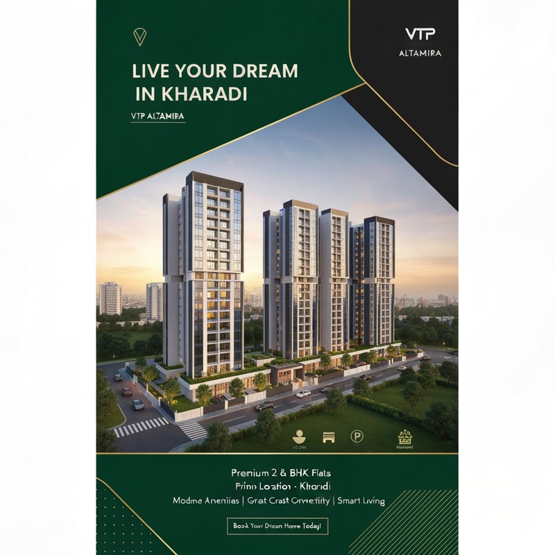 Design a modern, eye-catching real estate flyer for a premium residential project inspired by VTP Altamira, Kharadi, Pune. Use a sophisticated color palette of emerald green, matte black, soft beige, and subtle gold accents to create a luxurious and upscale feel.

IMPORTANT: Use a building image that closely resembles the actual VTP Altamira project — contemporary high-rise towers with sleek glass façades, modern balconies, and signature architectural style. Ensure the structure looks realistic, premium, and similar to upscale developments in Kharadi.

Include landscaped gardens, open spaces, and a well-planned township environment. Show the buildings during golden hour or twilight with warm lighting and a subtle city skyline in the background.

Use a clean, premium layout with soft shadows, smooth gradients, and elegant, high-end typography. Maintain proper spacing for a professional brochure-like appearance.

Add bold headline:
“Live Your Dream in Kharadi”

Add content lines:
“Premium 2 & 3 BHK Flats”
“Prime Location – Kharadi”
“Starting from ₹1.30 Cr Onwards”
“Modern Amenities | Great Connectivity | Smart Living”

Add a strong call-to-action in a highlighted button style:
“Book Your Dream Home Today!”

Include minimal, modern icons representing gym, parking, security, and landscaped garden.

Make the flyer look like a luxury real estate advertisement suitable for Instagram, WhatsApp marketing, and print.