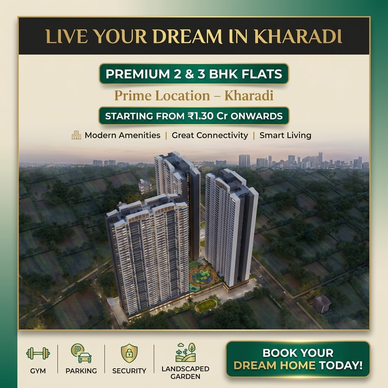 Design a modern, eye-catching real estate flyer for a premium residential project inspired by VTP Altamira, Kharadi, Pune. Use a sophisticated color palette of emerald green, matte black, soft beige, and subtle gold accents to create a luxurious and upscale feel.

IMPORTANT: Use a building image that closely resembles the actual VTP Altamira project — contemporary high-rise towers with sleek glass façades, modern balconies, and signature architectural style. Ensure the structure looks realistic, premium, and similar to upscale developments in Kharadi.

Include landscaped gardens, open spaces, and a well-planned township environment. Show the buildings during golden hour or twilight with warm lighting and a subtle city skyline in the background.

Use a clean, premium layout with soft shadows, smooth gradients, and elegant, high-end typography. Maintain proper spacing for a professional brochure-like appearance.

Add bold headline:
“Live Your Dream in Kharadi”

Add content lines:
“Premium 2 & 3 BHK Flats” (Bold ,highlighted )
“Prime Location – Kharadi”
“Starting from ₹1.30 Cr Onwards” (Bold ,highlighted )
“Modern Amenities | Great Connectivity | Smart Living”

Add a strong call-to-action in a highlighted button style:
“Book Your Dream Home Today!”

Include minimal, modern icons representing gym, parking, security, and landscaped garden.

Make the flyer look like a luxury real estate advertisement suitable for Instagram, WhatsApp marketing, and print.

kindly use attached image in back ground