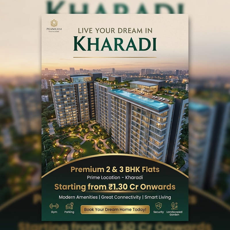 Design a modern, eye-catching real estate flyer for premium residential apartments. Use a fresh and sophisticated color palette of emerald green, matte black, and soft beige with subtle gold accents for a luxurious feel.

Include a high-quality image of contemporary apartment towers with glass facades, rooftop amenities, and landscaped gardens, shown during golden hour or twilight with warm ambient lighting and city lights in the background.

Use a clean, premium layout with soft shadows, smooth gradients, and elegant typography for a high-end brochure look.

Add bold, attractive headline text:
“Live Your Dream in Kharadi”

Include short, catchy content lines:
“Premium 2 & 3 BHK Flats”
“Prime Location – Kharadi”
“Starting from ₹1.30 Cr Onwards”
“Modern Amenities | Great Connectivity | Smart Living”

Add a strong call-to-action in a stylish button or highlighted section:
“Book Your Dream Home Today!”

Include minimal, modern icons for amenities like gym, parking, security, and landscaped garden. Ensure the design looks elegant, premium, and suitable for both digital and print advertising.