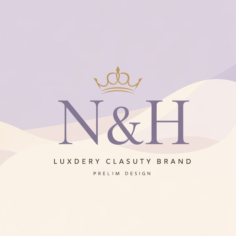 Design a luxurious and feminine logo for the brand name N & H. Use elegant serif typography with a soft feminine touch. Add a delicate princess crown above the initials, designed for a modern classy woman. Use a soft lavender and cream color palette as the main tones, with subtle gold accents for a premium luxurious feel. The logo should look graceful, elegant, minimal, and sophisticated. Clean composition, feminine branding, soft curves, luxury beauty brand style, high-end fashion aesthetic, premium logo design, simple background.