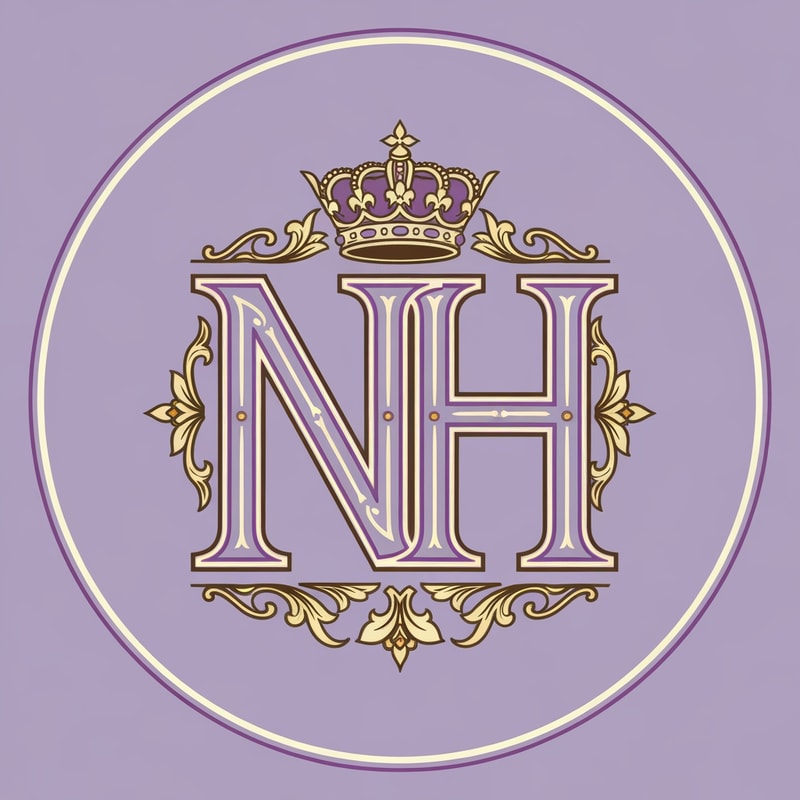 Royal style N and H logo intertwined, pastel purple (lavender) and cream tones with rich gold detailing, ornate crown on top, classic serif font, luxurious and regal aesthetic, symmetrical design, premium branding, high detail, vector illustration